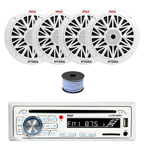 Pyle PLCDBT65 Single DIN Bluetooth AM/FM CD Stereo Receiver, 4x 8" 300 Watt Full Range Marine Speakers (White), Wire