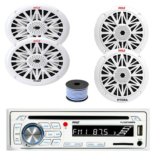 Pyle PLCDBT65 Single DIN Bluetooth AM/FM CD Stereo Receiver, 2x 6x9" 260 Watt + 2x 6.5" 200 Watt Full Range Marine Speakers (White), Wire