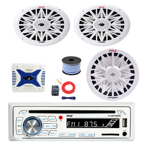 Pyle PLCDBT65 Single DIN Bluetooth AM/FM CD Stereo Receiver, 2x 6x9" 260 Watt Full Range Marine Speakers (White), 4-Channel Amplifier w/Install Kit, 8" Subwoofer, Wire
