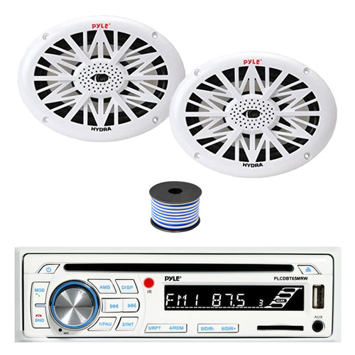 Pyle PLCDBT65 Single DIN Bluetooth AM/FM CD Stereo Receiver, 2x 6x9" 260 Watt Full Range Marine Speakers (White), Wire