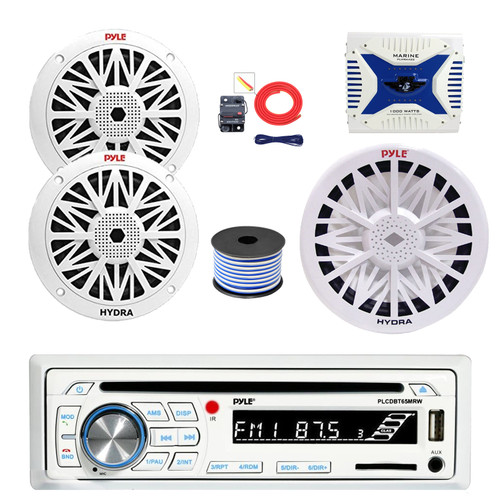 Pyle PLCDBT65 Single DIN Bluetooth AM/FM CD Stereo Receiver, 2x 8" 300 Watt Full Range Marine Speakers (White), 4-Channel Amplifier w/Install Kit, 8" Subwoofer, Wire