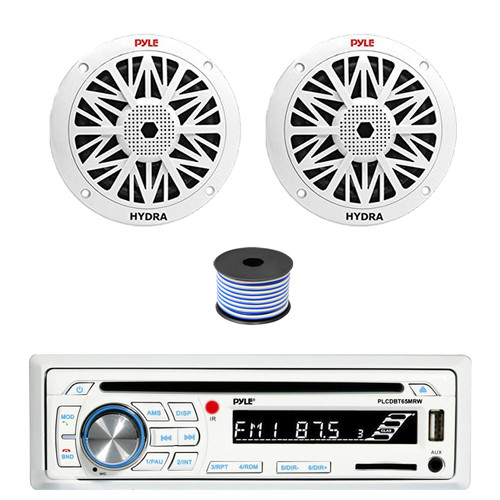 Pyle PLCDBT65 Single DIN Bluetooth AM/FM CD Stereo Receiver, 2x 8" 300 Watt Full Range Marine Speakers (White), Wire