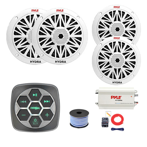 Metra IBBTR19 Marine 3-Zone Bluetooth Controller, 2x 8" 300 Watt + 2x 6.5" 200 Watt Full Range Audio Speakers (White), 4-Channel Bluetooth Amplifier w/Kit, Wire