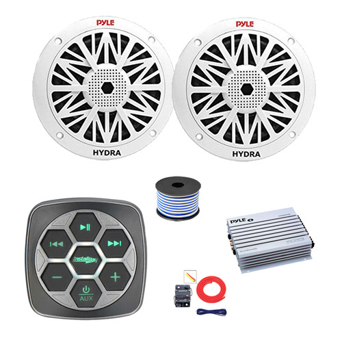 Metra IBBTR19 Marine 3-Zone Bluetooth Controller, 2x 6.5" 200 Watt Full Range Audio Speakers (White), 4-Channel Bluetooth Amplifier w/Kit, Wire