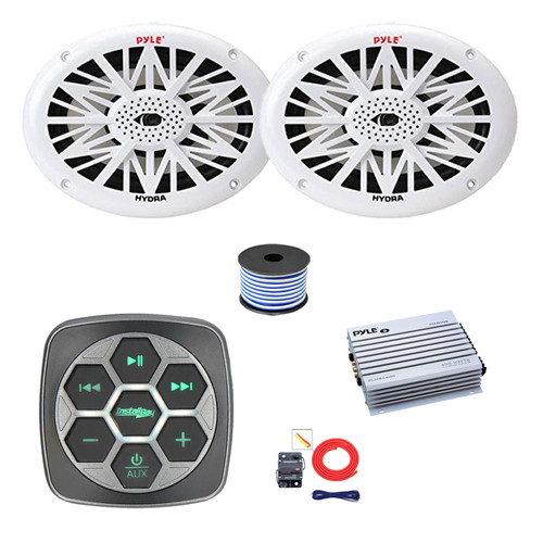 Metra IBBTR19 Marine 3-Zone Bluetooth Controller, 2x 6x9" 260 Watt Full Range Audio Speakers (White), 4-Channel Amplifier w/Kit, Wire