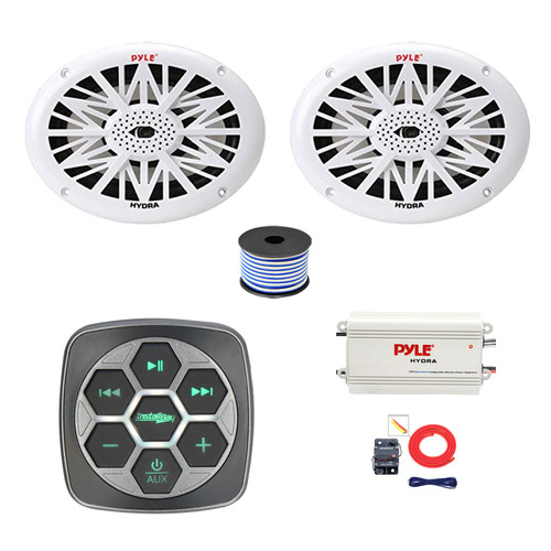 Metra IBBTR19 Marine 3-Zone Bluetooth Controller, 2x 6x9" 260 Watt Full Range Audio Speakers (White), 4-Channel Bluetooth Amplifier w/Kit, Wire