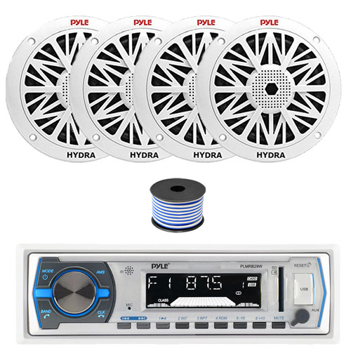 Pyle PLMRB29W Single DIN Bluetooth MP3 Stereo Receiver, 4x 6.5" 200 Watt Full Range Marine Speakers (White), Wire