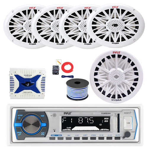 Pyle PLMRB29W Single DIN Bluetooth MP3 Stereo Receiver, 4x 6x9" 260 Watt Full Range Marine Speakers (White), 4-Channel Amplifier w/Install Kit, 8" Subwoofer, Wire