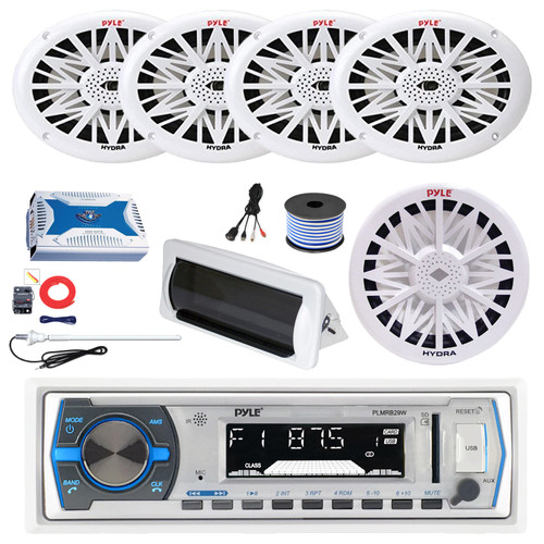 Pyle PLMRB29W Single DIN Bluetooth MP3 Stereo Receiver, Cover, 4x 6x9" 260W Full Range Marine Speakers (White), 6-Channel Amplifier w/Install Kit, 10" Subwoofer, Antenna, USB Adapter, Wire