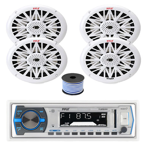 Pyle PLMRB29W Single DIN Bluetooth MP3 Stereo Receiver, 4x 6x9" 260 Watt Full Range Marine Speakers (White), Wire