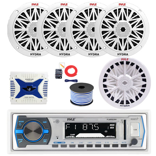Pyle PLMRB29W Single DIN Bluetooth MP3 Stereo Receiver, 4x 8" 300 Watt Full Range Marine Speakers (White), 4-Channel Amplifier w/Install Kit, 8" Subwoofer, Wire