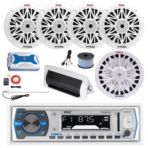 Pyle PLMRB29W Single DIN Bluetooth MP3 Stereo Receiver, Cover, 4x 8" 300W Full Range Marine Speakers (White), 6-Channel Amplifier w/Install Kit, 10" Subwoofer, Antenna, USB Adapter, Wire