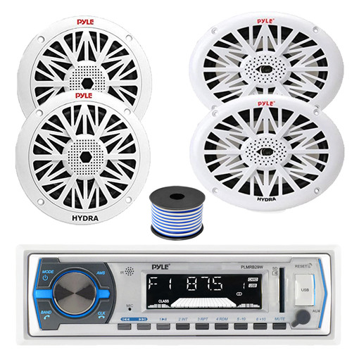Pyle PLMRB29W Single DIN Bluetooth MP3 Stereo Receiver, 2x 6x9" 260 Watt + 2x 6.5" 200 Watt Full Range Marine Speakers (White), Wire
