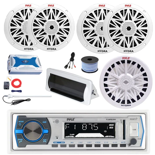 Pyle PLMRB29W Single DIN Bluetooth MP3 Stereo Receiver, Cover, 2x 8" 300W + 2x 6.5" 200W Full Range Marine Speakers (White), Amplifier w/Kit, 10" Subwoofer, Antenna, USB Adapter, Wire