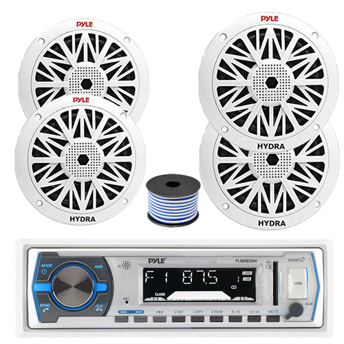 Pyle PLMRB29W Single DIN Bluetooth MP3 Stereo Receiver, 2x 8" 300 Watt + 2x 6.5" 200 Watt Full Range Marine Speakers (White), Wire