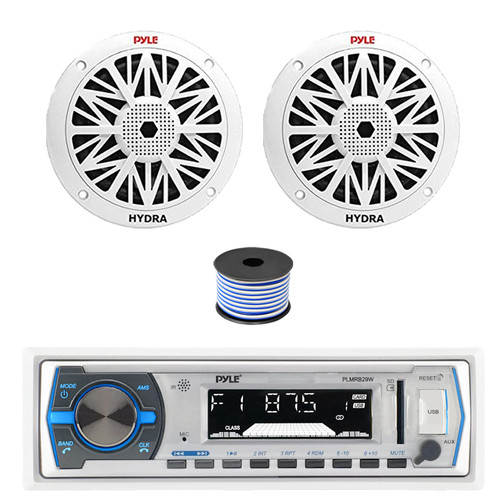 Pyle PLMRB29W Single DIN Bluetooth MP3 Stereo Receiver, 2x 6.5" 200 Watt Full Range Marine Speakers (White), Wire
