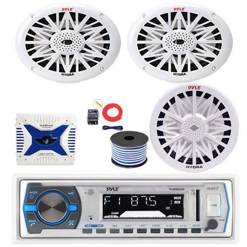 Pyle PLMRB29W Single DIN Bluetooth MP3 Stereo Receiver, 2x 6x9" 260 Watt Full Range Marine Speakers (White), 4-Channel Amplifier w/Install Kit, 8" Subwoofer, Wire