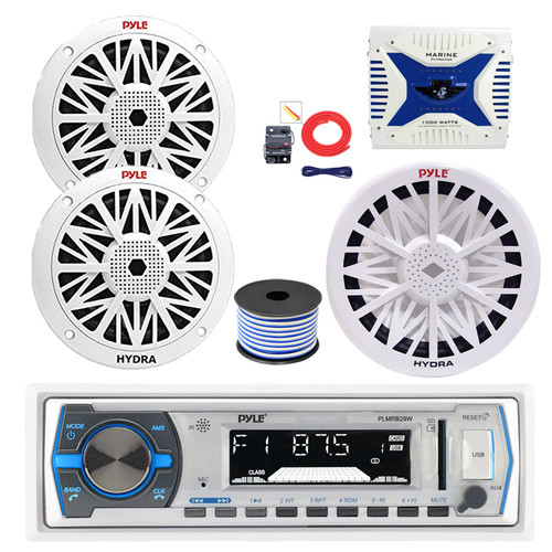 Pyle PLMRB29W Single DIN Bluetooth MP3 Stereo Receiver, 2x 8" 300 Watt Full Range Marine Speakers (White), 4-Channel Amplifier w/Install Kit, 8" Subwoofer, Wire