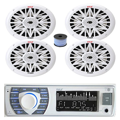 Pyle PLRMR23BTW Single DIN Bluetooth AM/FM MP3 Receiver, 4x 6x9" 260 Watt Full Range Marine Speakers (White), Wire