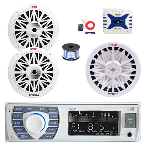 Pyle PLRMR23BTW Single DIN Bluetooth AM/FM MP3 Receiver, 2x 6.5" 200 Watt Full Range Marine Speakers (White), 4-Channel Amplifier w/Install Kit, 8" Subwoofer, Wire