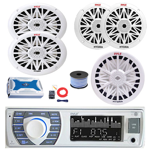 Pyle PLRMR23BTW Single DIN Bluetooth AM/FM MP3 Receiver, 2x 6x9" 260 Watt + 2x 6.5" 200 Watt Full Range Marine Speakers (White), 6-Channel Amplifier w/Install Kit, 8" Subwoofer, Wire