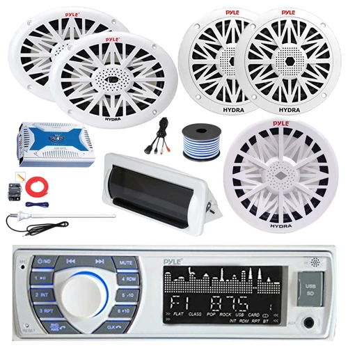 Pyle PLRMR23BTW Single DIN Bluetooth AM/FM MP3 Receiver, Cover, 2x 6x9" 260W + 2x 6.5" 200W Full Range Marine Speakers (White), Amplifier w/Kit, 10" Subwoofer, Antenna, USB Adapter, Wire