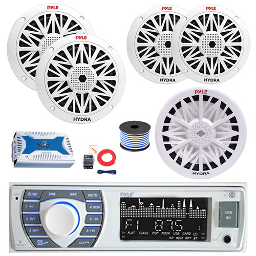 Pyle PLRMR23BTW Single DIN Bluetooth AM/FM MP3 Receiver, 2x 8" 300 Watt + 2x 6.5" 200 Watt Full Range Marine Speakers (White), 6-Channel Amplifier w/Install Kit, 8" Subwoofer, Wire
