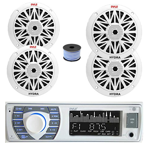 Pyle PLRMR23BTW Single DIN Bluetooth AM/FM MP3 Receiver, 2x 8" 300 Watt + 2x 6.5" 200 Watt Full Range Marine Speakers (White), Wire