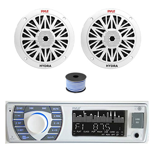 Pyle PLRMR23BTW Single DIN Bluetooth AM/FM MP3 Receiver, 2x 6.5" 200 Watt Full Range Marine Speakers (White), Wire
