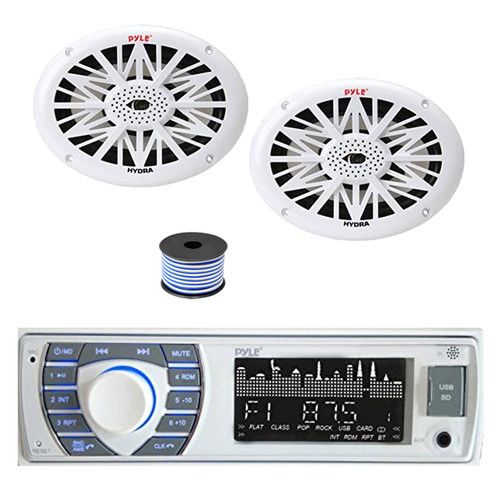 Pyle PLRMR23BTW Single DIN Bluetooth AM/FM MP3 Receiver, 2x 6x9" 260 Watt Full Range Marine Speakers (White), Wire