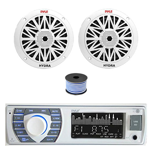 Pyle PLRMR23BTW Single DIN Bluetooth AM/FM MP3 Receiver, 2x 8" 300 Watt Full Range Marine Speakers (White), Wire