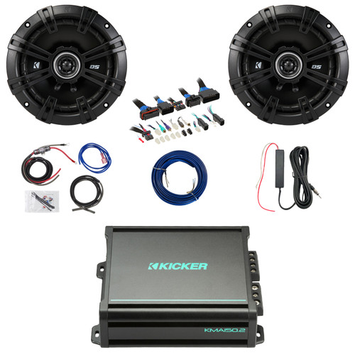 2x Kicker 43DSC6504 6.5" 240 Watt Max Power 2-Way 4-Ohm Coaxial Speakers, 2x75 Watts 2-Channel Class AB Full-Range Amplifier w/8 Gauge Wiring Kit + 12V Amp Booster Kit, DSP Harness, Speaker Wire