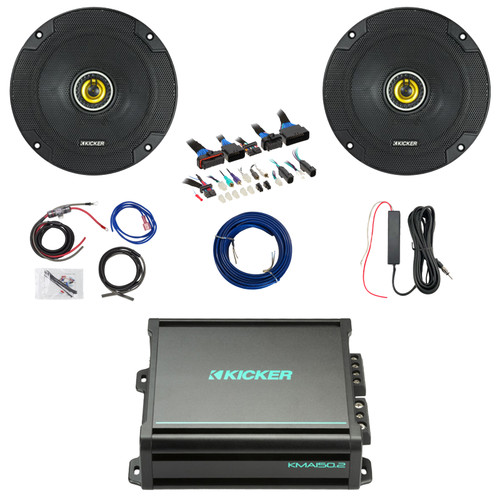 2x Kicker CSC65 CS Series 6.5" 300 Watt Max Power 4 Ohm 2-Way Coaxial Speakers, 2x75 Watts 2-Channel Class AB Full-Range Amplifier w/8 Gauge Wiring Kit + 12V Amp Booster Kit, DSP Harness, Speaker Wire