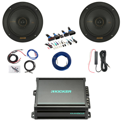 2x Kicker KS-Series KSC650 6.5" 200 Watt Max Power 4-Ohm 2-Way Thin-Mount Speakers, 2x75 Watts 2-Channel Class AB Amplifier w/8 Gauge Wiring Kit + 12V Amp Booster Kit, DSP Harness, Speaker Wire