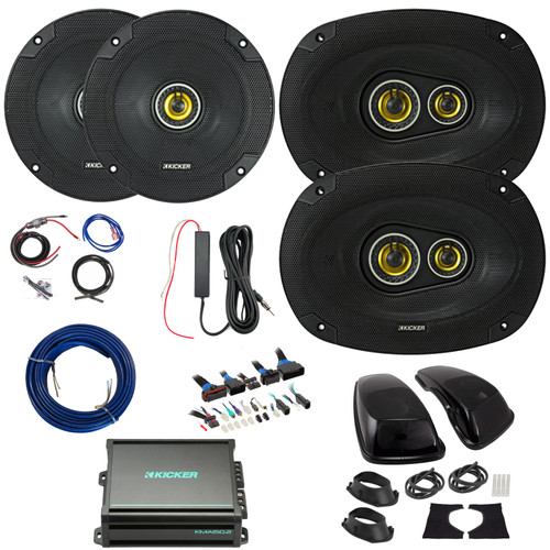 2x Kicker CSC65 CS Series 6.5" 300W Max 4 Ohm 2-Way Coaxial Speakers, 2x 6x9" 450W Max Coaxial Speakers w/Adapters, 2-Channel Class AB Amplifier w/Wiring Kit + 12V Booster Kit, DSP Harness, Wire