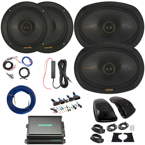 2x Kicker KS-Series KSC650 6.5" 200W Max Thin-Mount Speakers, 2x 6x9" 300W Max 2-Way Speakers w/Adapters, 2-Channel Class AB Amplifier w/Wiring Kit + 12V Amp Booster Kit, DSP Harness, Speaker Wire