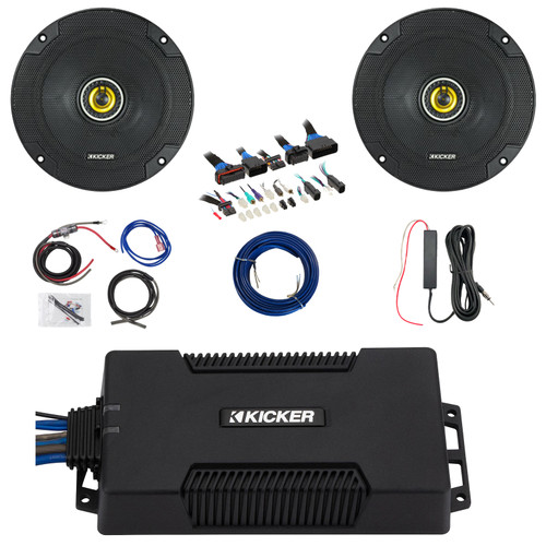 2x Kicker CSC65 CS Series 6.5" 300 Watt Max Power 4 Ohm 2-Way Coaxial Speakers, 850 Watt Peak Dynamic Power Class D Mono Amplifier w/8 Gauge Wiring Kit + 12V Amp Booster Kit, DSP Harness, Speaker Wire