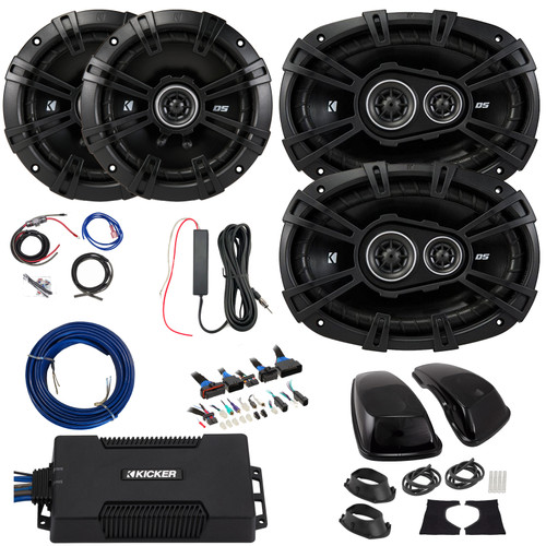 2x Kicker 43DSC6504 6.5" 240 Watt Max Power 2-Way Speakers, 2x 6x9" 360 Watt Max Power 3-Way Speakers w/Adapters, 850W Class D Mono Amplifier w/Wiring Kit + 12V Booster Kit, DSP Harness, Speaker Wire