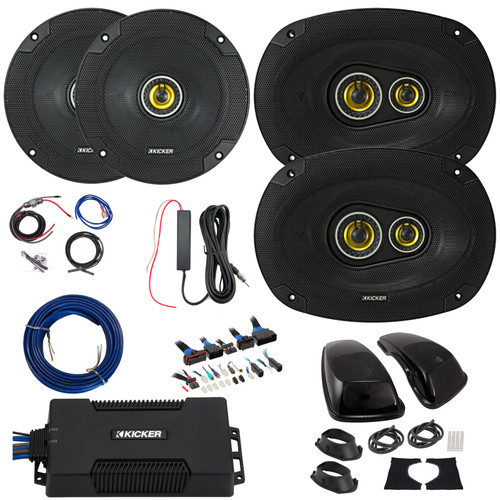 2x Kicker CSC65 CS Series 6.5" 300W Max 4 Ohm 2-Way Coaxial Speakers, 2x 6x9" 450W Max Coaxial Speakers w/Adapters, 850W Max Class D Mono Amplifier w/Wiring Kit + 12V Booster Kit, DSP Harness, Wire