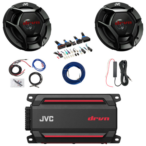 2x JVC CS-DR621 drvn DR Series 6.5" 300 Watt Max Power 2-Way Coaxial Speakers, 600W Max Compact Mono Amplifier w/8 Gauge Wiring Kit + 12V Signal Reception Booster Kit, DSP Harness, Speaker Wire