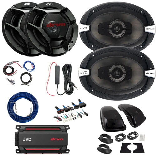 2x JVC CS-DR621 drvn DR Series 6.5" 300W Max 2-Way Speakers, 2x 6x9" 500W Max 3-Way Speakers w/Adapters, 600W Max Compact Mono Amplifier w/Wiring Kit + 12V Amp Booster Kit, DSP Harness, Speaker Wire