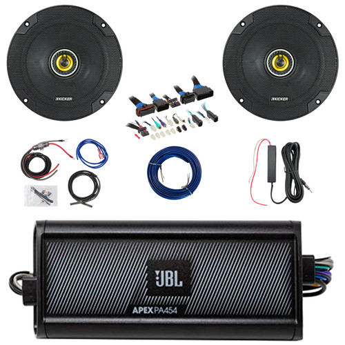 2x Kicker CSC65 CS Series 6.5" 300 Watt Max Power 4 Ohm 2-Way Coaxial Speakers, 4-Channel Class D 450 Watt Peak Power Amplifier w/8 Gauge Wiring Kit + 12V Amp Booster Kit, DSP Harness, Speaker Wire