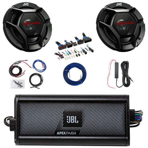 2x JVC CS-DR621 drvn DR Series 6.5" 300 Watt Max Power 2-Way Coaxial Speakers, 4-Channel Class D 450W Max Amplifier w/8 Gauge Wiring Kit + 12V Signal Reception Booster Kit, DSP Harness, Speaker Wire