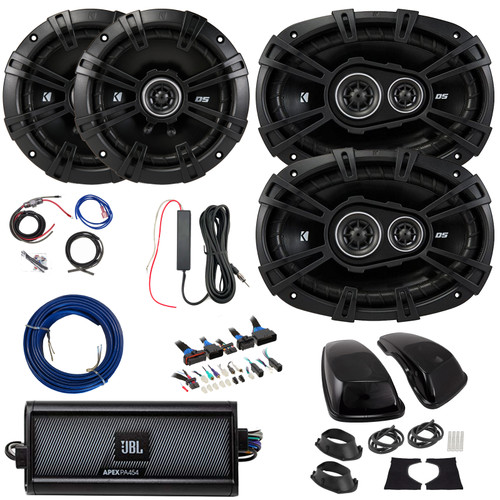 2x Kicker 43DSC6504 6.5" 240 Watt Max Power 2-Way Speakers, 2x 6x9" 360 Watt Max Power 3-Way Speakers w/Adapters, 4-Channel Class D Amplifier w/Wiring Kit + 12V Booster Kit, DSP Harness, Speaker Wire
