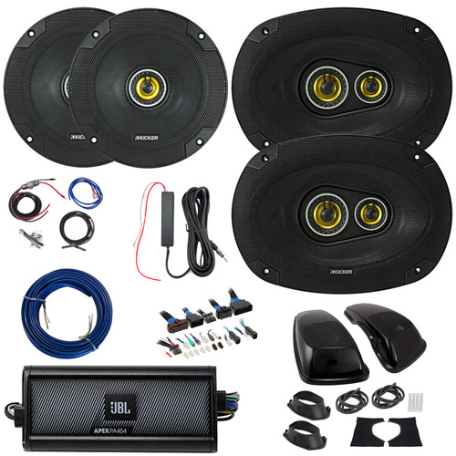 2x Kicker CSC65 CS Series 6.5" 300W Max 4 Ohm 2-Way Coaxial Speakers, 2x 6x9" 450W Max Coaxial Speakers w/Adapters, 4-Channel Class D Amplifier w/Wiring Kit + 12V Booster Kit, DSP Harness, Wire
