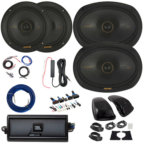 2x Kicker KS-Series KSC650 6.5" 200W Max Thin-Mount Speakers, 2x 6x9" 300W Max 2-Way Speakers w/Adapters, 4-Channel Class D Amplifier w/Wiring Kit + 12V Amp Booster Kit, DSP Harness, Speaker Wire