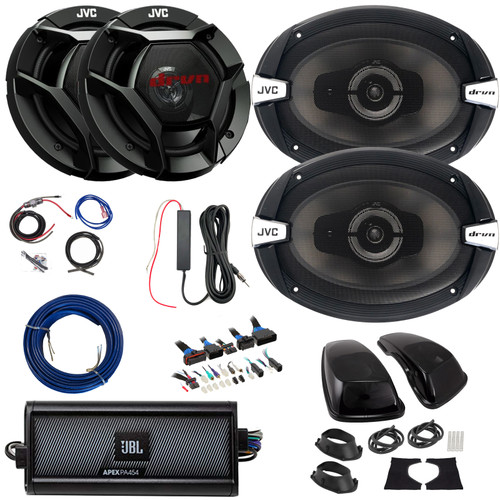 2x JVC CS-DR621 drvn DR Series 6.5" 300W Max 2-Way Speakers, 2x 6x9" 500W Max 3-Way Speakers w/Adapters, 4-Channel Class D Amplifier w/Wiring Kit + 12V Amp Booster Kit, DSP Harness, Speaker Wire