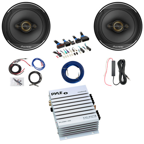2x Pioneer TS-A1681F 6.5" 350 Watt Max Power 4-Way Coaxial Speakers, 2 Channel 240 Watt Waterproof White Amplifier w/8 Gauge Wiring Kit + 12V Amp Booster Kit, DSP Harness, Speaker Wire