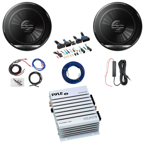 2x Pioneer TS-G1620F 6.5" 300 Watt Max Power 2-Way Coaxial Speakers, 2 Channel 240 Watt Waterproof White Amplifier w/8 Gauge Wiring Kit + 12V Amp Booster Kit, DSP Harness, Speaker Wire