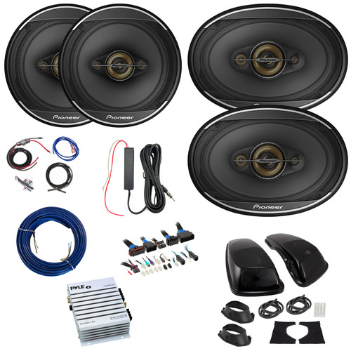 2x Pioneer TS-A1681F 6.5" 350W Max 4-Way Speakers, 2x 6x9" 600W Max 4-Way Speakers w/Adapters 2 Channel 240 Watt White Amplifier w/8 Gauge Wiring Kit + 12V Amp Booster Kit, DSP Harness, Speaker Wire